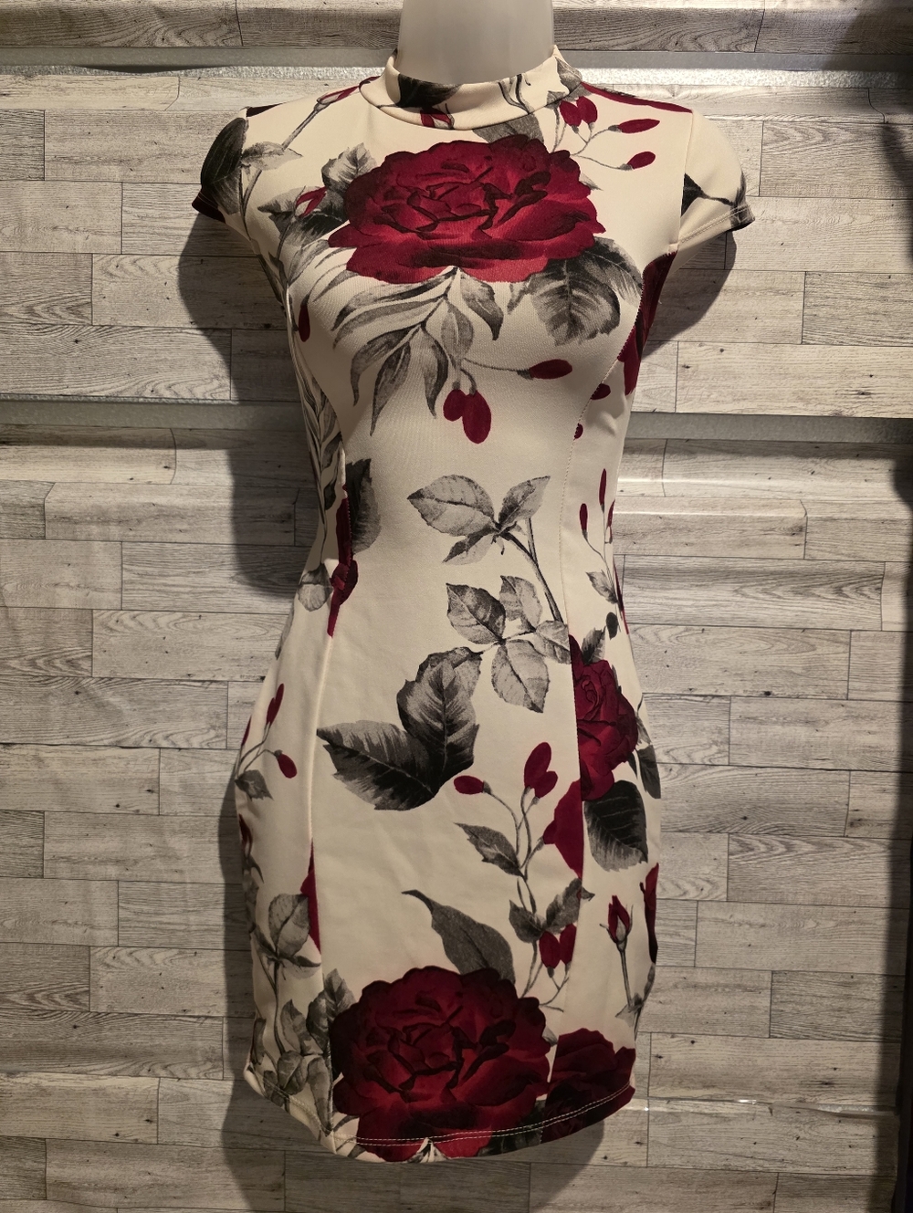 Floral Mock-Neck Bodycon Dress in Cream and Burgundy